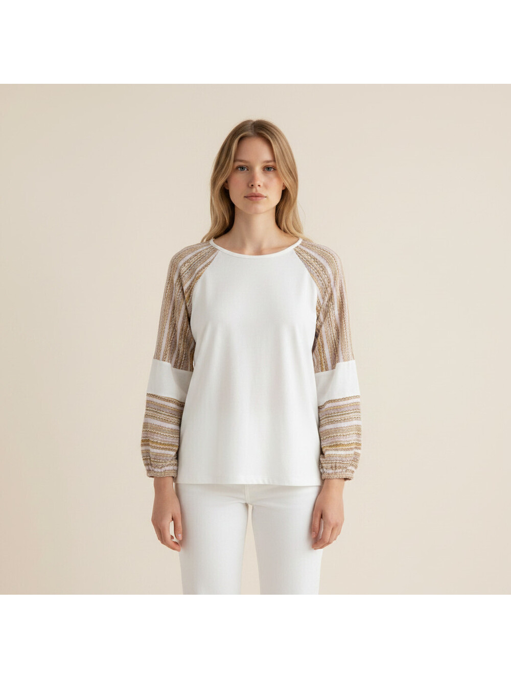 Doe & Rae Blouse Women M Medium White Striped Long Sleeve Cotton Casual Pullover